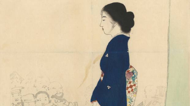 In the spotlight: A woman addresses a crowd of men clad in Western attire in this illustration by Kaburagi Kiyokata, which accompanies “A Modern Woman” by Murakami Namiroku in “A Tokyo Anthology: Literature from Japan’s Modern Metropolis, 1850-1920.” 'A Tokyo Anthology: Literature from Japan's Modern Metropolis, 1850-1920': Collection sheds light on corners of the Meiji Era