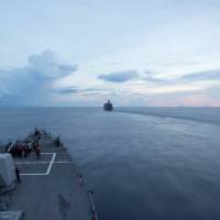 The USS Dewey, shown in the South China Sea in May, sailed within 12 nautical miles of Mischief Reef, a China-occupied territory, on May 24 as part of the first freedom of navigation operation under the Trump administration. Hypocrisy in the South China Sea