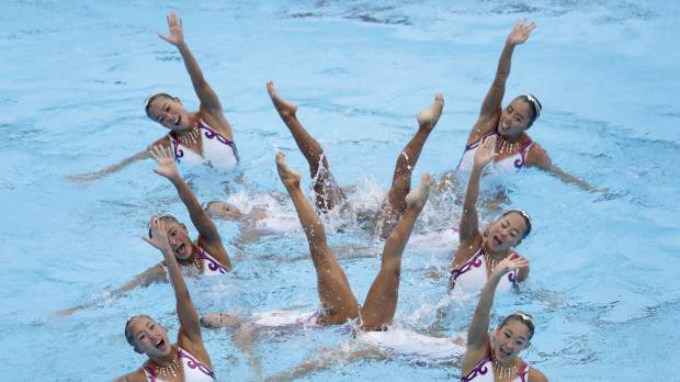 Japan’s synchronized swimming team performs during the world swimming championships on Saturday in Budapest. Synchronized swimming rebrands in bid to boost popularity