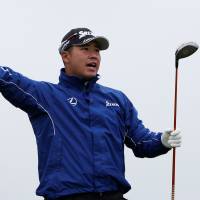 Hideki Matsuyama reacts to his tee shot at the 16th hole at the Irish Open on Friday in Portstewart, Northern Ireland. Matsuyama four shots back at Irish Open