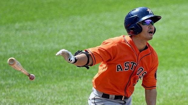 The Astros’ Norichika Aoki hits a three-run homer against the Orioles during the sixth inning on Sunday. Baltimore won 9-7. Aoki's three-run homer not enough for Astros