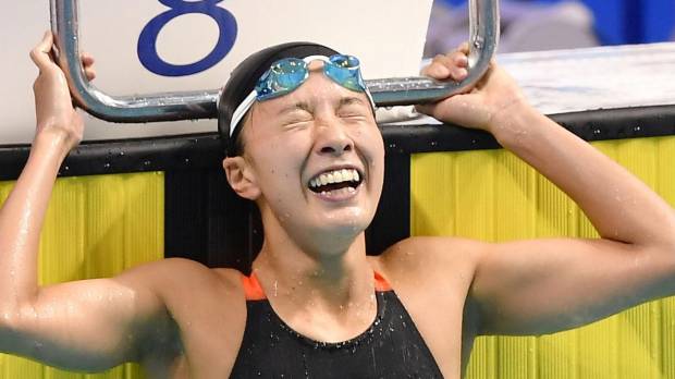 Yui Ohashi reacts after clinching the silver medal in the 200-meter individual medley on Monday at the world championships in Budapest. Ohashi blazes to silver in 200 IM in record time