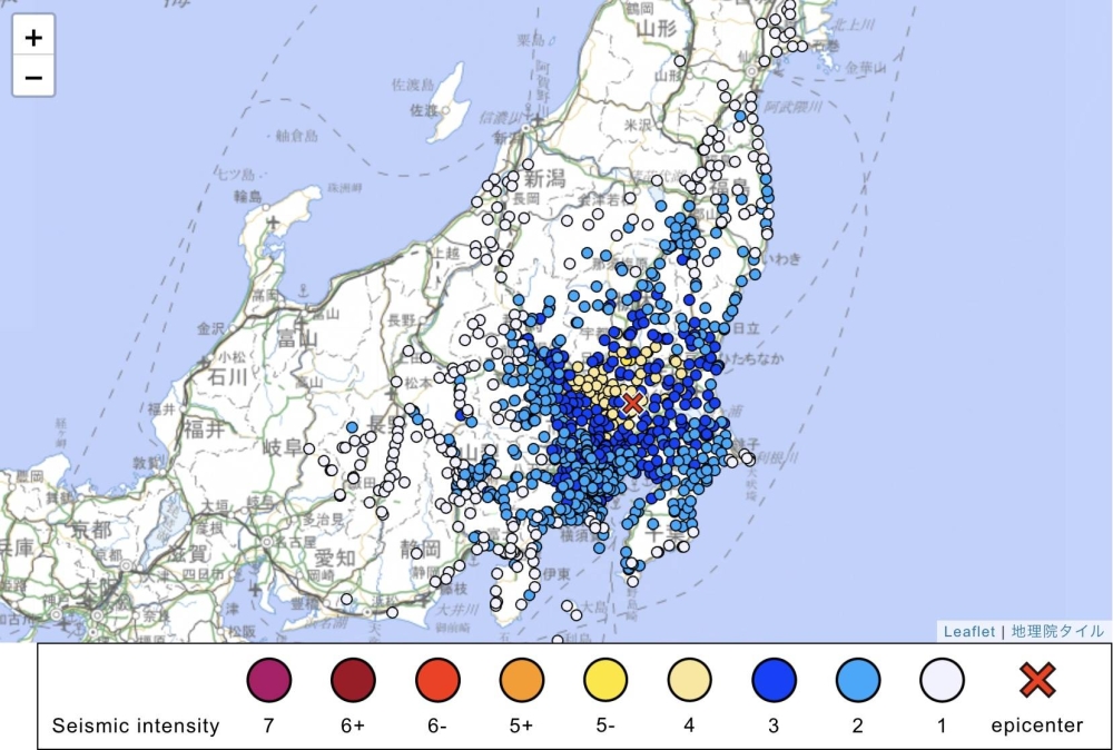 埼玉、栃木を震源とするマグニチュード5.3の地震。