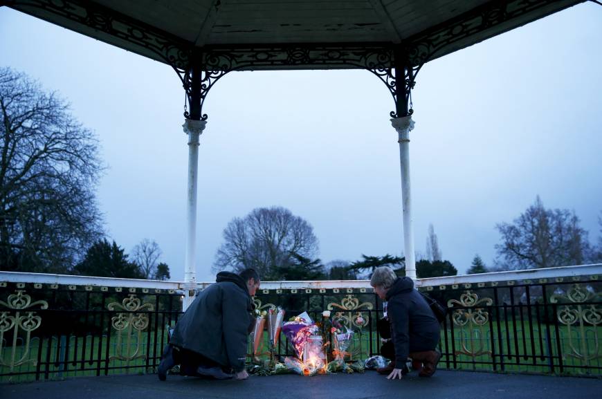 Fans leave flowers at a bandstand named after David Bowie where he once performed in Beckenham, South London, Jan. 11.