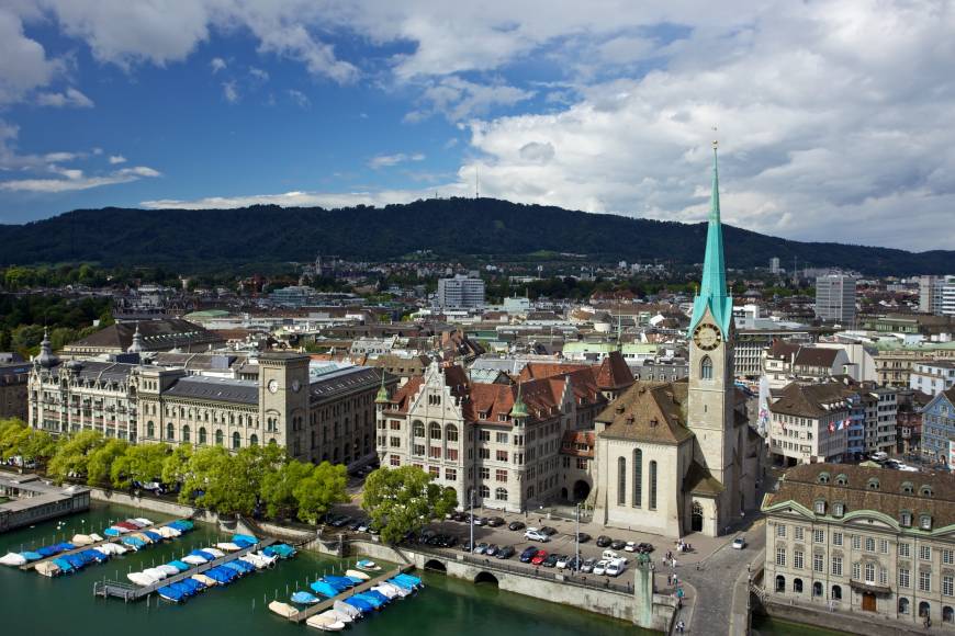 Early stroll: The Limmat River in Zurich, A beautiful place for a morning walk before your big date. Enjoy a panoramic view of the city from the observation tower on Uetliberg Mountain.