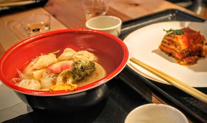Dishes being sold at Sake Craft Week are coming from restaurants such as La Bombance (Nishi-Azabu), Kudan (Gakugei University) and oden restaurant.
