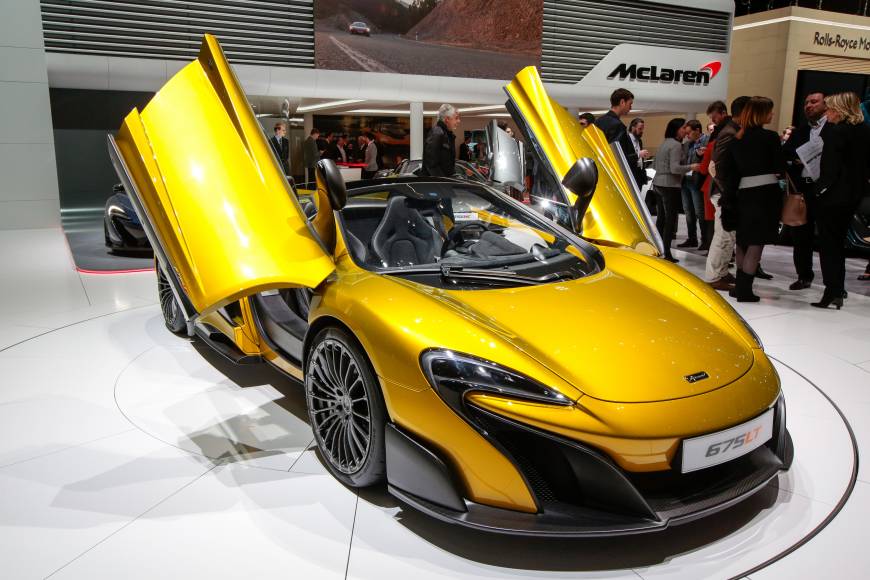 A McLaren 675LT luxury automobile, manufactured by McLaren Automotive Ltd., on display at the 86th Geneva International Motor Show.