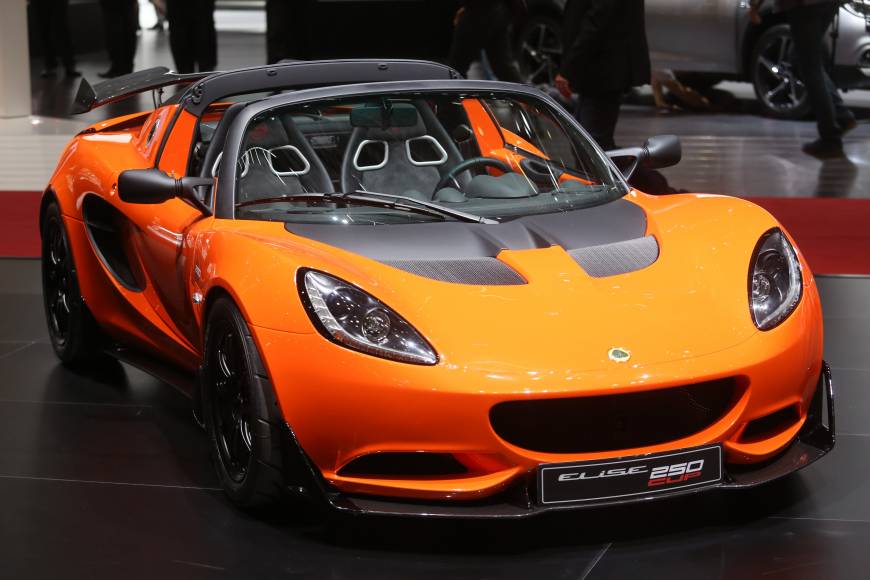 A Lotus Elise 250 cup automobile, produced by Group Lotus Plc, a luxury unit of Proton Holdings Bhd., sits on display on the first day of the 86th Geneva International Motor Show.