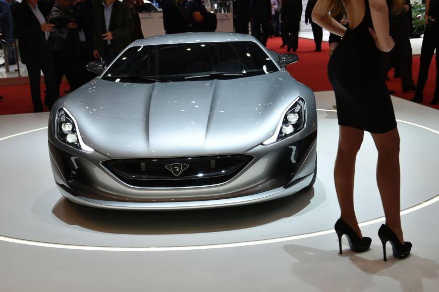 The production version of the Rimac Concept One electric car is displayed during the press day of the Geneva International Motor Show.