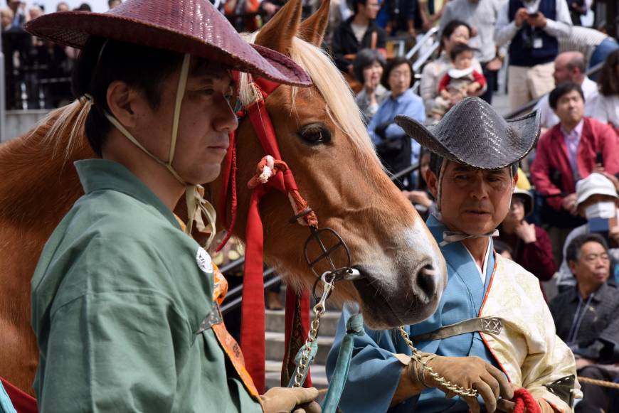 Archers prepare for Asakusa Yabusame, a horseback archery display, held annually at Sumida Park near Asakusa in Tokyo. This year 30 mounted archers participated in the event, which was held on April 16.