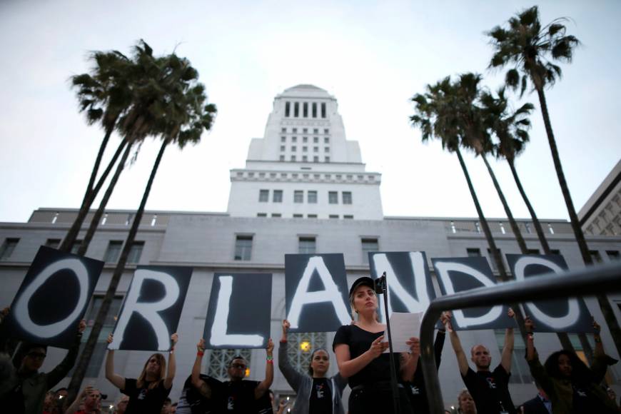 Lady Gaga speaks at a vigil outside of City Hall in Los Angeles, California.