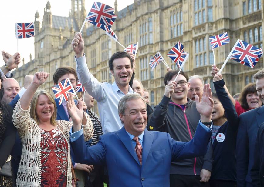Nigel Farage, leader of the United Kingdom Independence Party, celebrates the result in London in June.