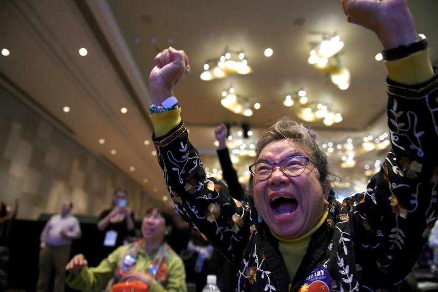 A Hillary supporter cheers at election night event in Las Vegas, Nevada.