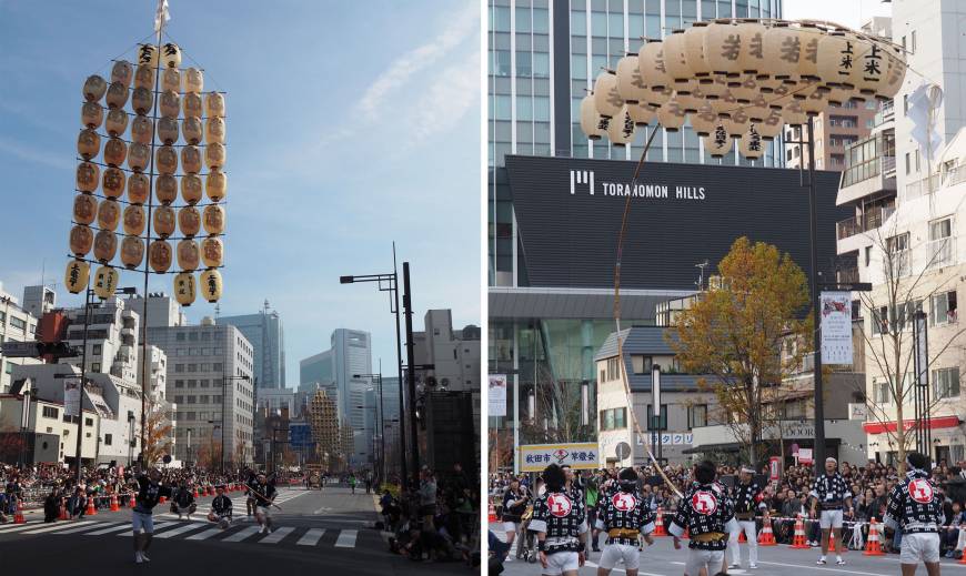 Left: A top-heavy tower of lanterns on bamboo poles is held aloft by performers of the Akita Kanto Matsuri. Along the parade route, men show their prowess by balancing the precarious load in a variety of ways. Right: The flexibility and strength of bamboo is exhibited as a performer struggles to upright a bending pole. Sometimes, though, gravity wins, and the pole breaks with a loud SNAP.