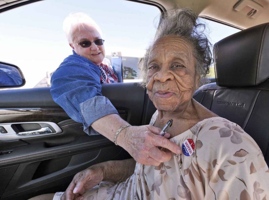 Grace Bell Hardison, a 100-year-old woman recently mentioned by U.S. President Barack Obama after attempts were made to purge her from the voter registration list and hence deny her right to vote, receives an 