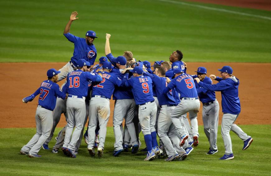 The Chicago Cubs celebrate after winning Game 7 of the World Series.