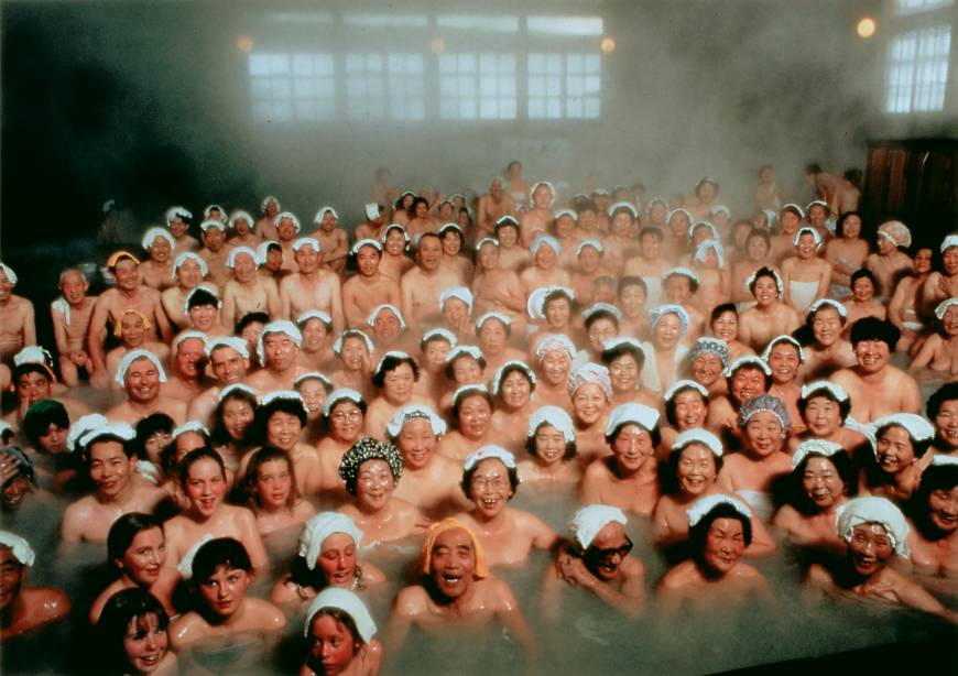 Bathers sit in a bath at Sukayu Onsen, Aomori Prefecture.