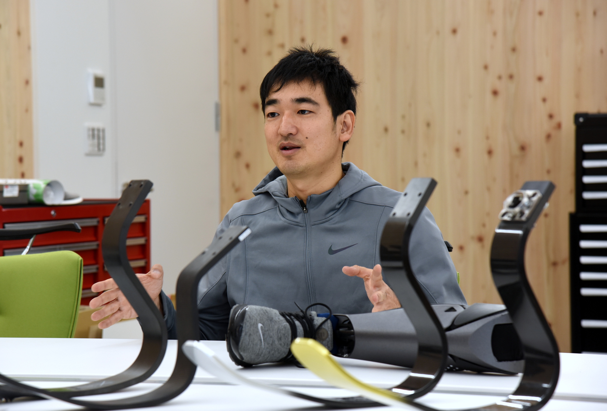 Ken Endo, president of Xiborg Co., is interviewed at the firm's lab at the Shin-Toyosu Brillia Running Stadium on Dec. 15. | SATOKO KAWASAKI