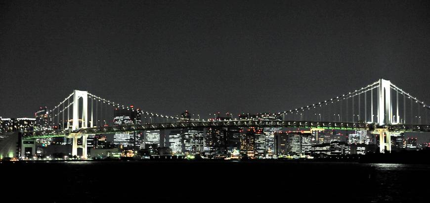 Among the views guests can enjoy on a night cruise are the Rainbow Bridge in Tokyo Bay, which is illuminated, and a nightscape featuring the capital