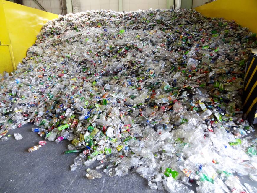 PET bottles lie on the floor of the PET Refine Technology plant in Ogimachi, Kanagawa Prefecture.