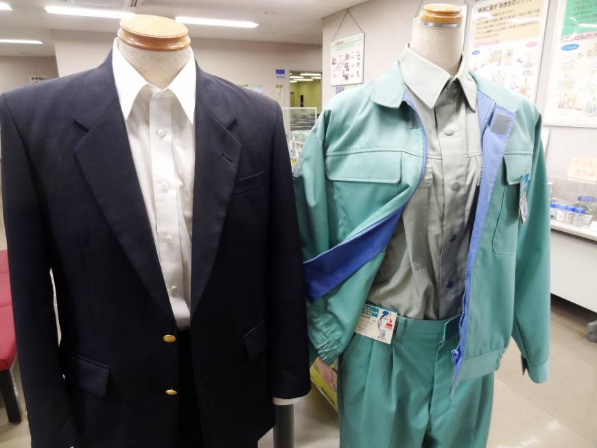 Clothes made from recycled PET fibers are displayed at the Minato Resource Recycle Center in Tokyo.