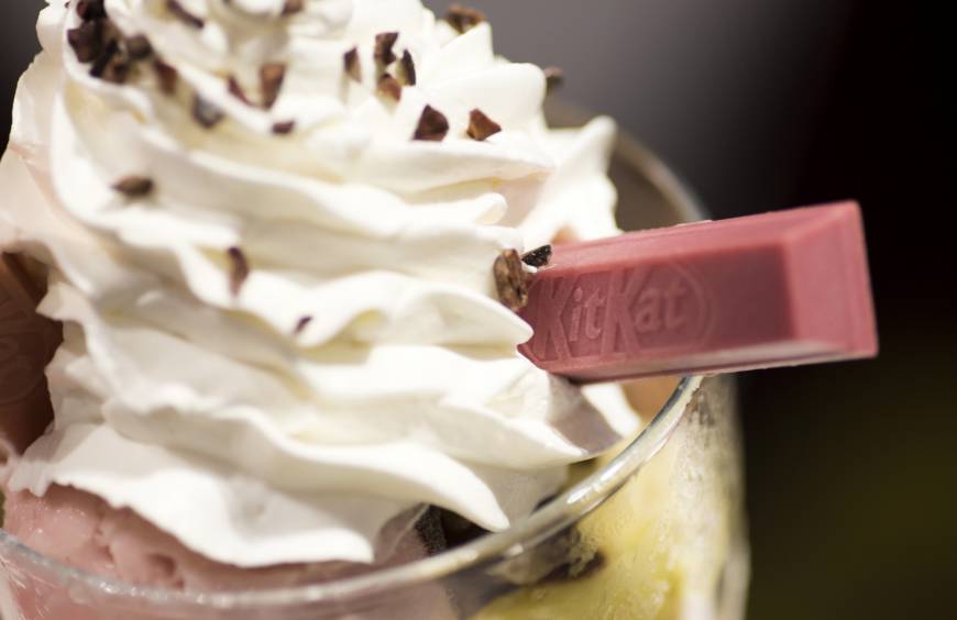 A Kit Kat bar sits in a parfait during a media preview of Nestle Japan