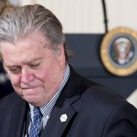 Steve Bannon, a senior adviser to U.S. President Donald Trump, arrives for a news conference in the East Room of the White House in Washington in February. | AP
