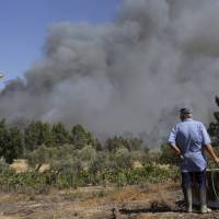 A man filling a tank with water watches a firefighting plane drop its load of water on a forest fire raging close to houses in the village of Vale de Sao Domingos, near Macao, central Portugal, Thursday. Portugal\'s government is taking the rare step of decreeing a state of public calamity ahead of a forecast rise in temperatures that authorities fear will worsen a spate of wildfires. | AP