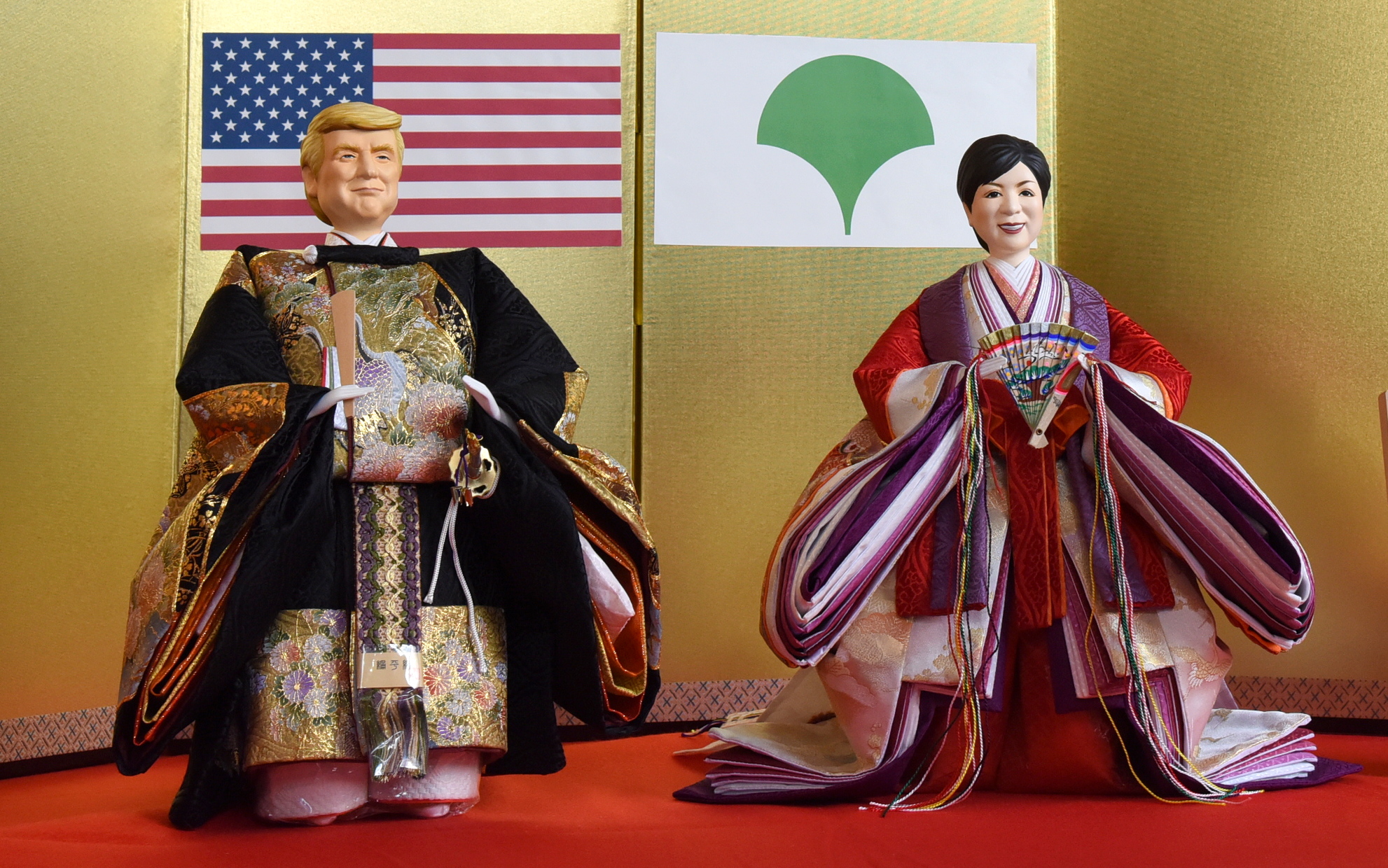 Populist power couple: Japanese doll maker Kyugetsu presents seasonal hina dolls modeled after U.S. President Donald Trump and Tokyo Gov. Yuriko Koike in January. | SATOKO KAWASAKI