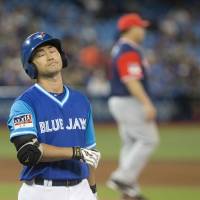 Norichika Aoki reacts after popping out during the Blue Jays\' game against the Twins on Friday. | AP