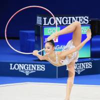 Kaho Minagawa performs in the individual hoop final at the World Rhythmic Gymnastics Championships  on Wednesday in Pesaro, Italy. She finished third overall. | KYODO