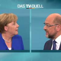 A screen shot shows the TV debate between German Chancellor Angela Merkel of the Christian Democratic Union (CDU) and her challenger, Germany\'s Social Democratic Party SPD candidate for chancellor Martin Schulz, in Berlin Sunday. German voters will take to the polls in a general election on Sept. 24. | MEDIENGRUPPE RTL DEUTSCHLAND (MG RTL D) / HANDOUT / VIA REUTERS