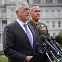 Defense Secretary Jim Mattis, accompanied by Joint Chiefs Chairman Gen. Joseph Dunford, speaks to members of the media outside the West Wing of the White House in Washington Sunday regarding the escalating crisis over North Korea\'s nuclear threats. | AP