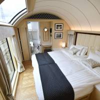 A top-class stateroom coach on JR West\'s luxury sleeper train Twilight Express Mizukaze is seen in Osaka in February. | CHUNICHI SHIMBUN