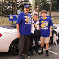 Tom Meschery, his wife Melanie and her grandson John Clark attend the Golden State Warriors\' NBA championship victory parade this summer in Oakland, California. | MELANIE MARCHANT MESCHERY
