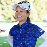 Ai Miyazato speaks to the media after the third round of the Portland Classic on Saturday. | KYODO