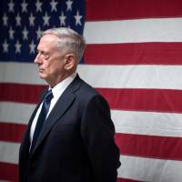 U.S. Defense Secretary Jim Mattis speaks to troops in Kandahar, Afghanistan, on Sept. 28. | AFP-JIJI