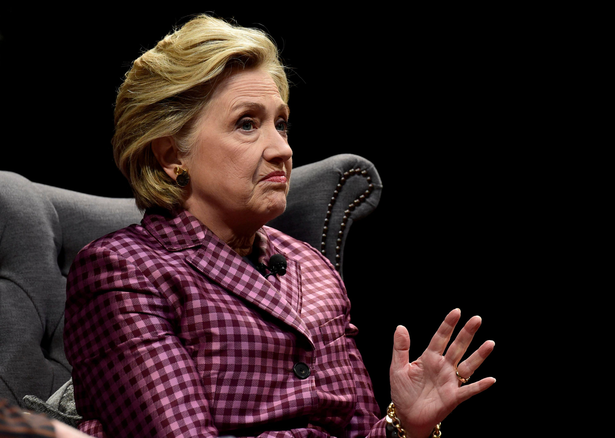 Former U.S. Secretary of State, Hillary Clinton speaks during an interview with Mariella Frostrup at the Cheltenham Literature Festival in Cheltenham, Britain, Sunday. | REUTERS