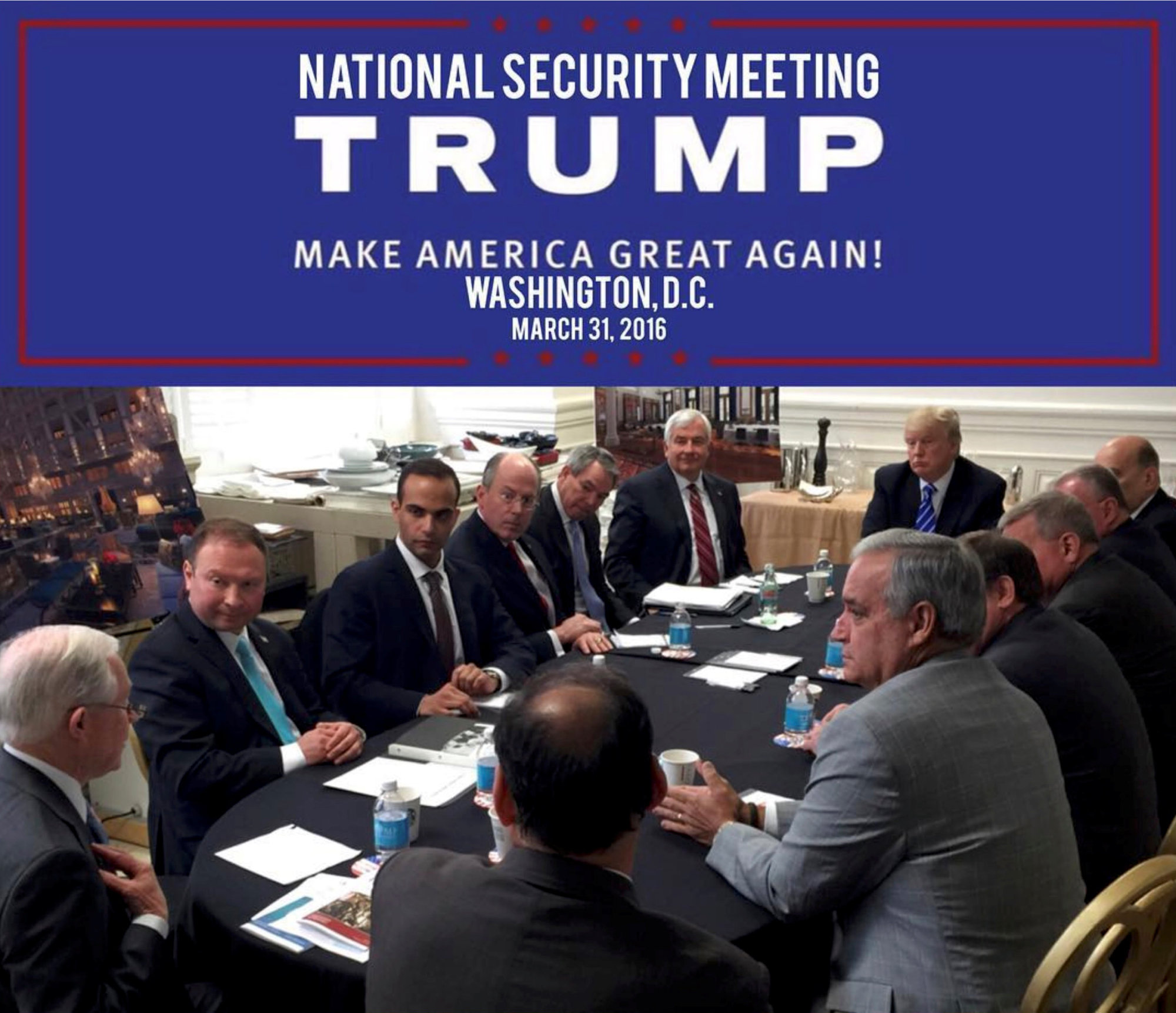 George Papadopoulos (third from left) appears in a photograph released on Donald Trump's social media accounts with a headline stating that the scene was of his campaign's national security meeting in Washington on March 31, 2016 and published April 1, 2016. | SOCIAL MEDIA / HANDOUT / VIA REUTERS