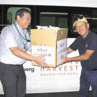 An official (left) at the Ito Yokado Hikifune store hands over a box of food for donation to a member volunteer of nonprofit food bank Second Harvest Japan in Tokyo’s Sumida Ward. | KYODO