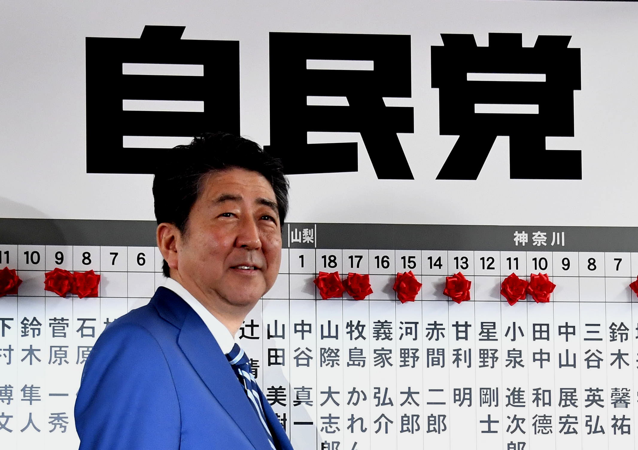 Prime Minister Shinzo Abe smiles before a board of candidates with paper roses who won their seats on Sunday at the Liberal Democratic Party headquarters in Tokyo. | YOSHIAKI MIURA