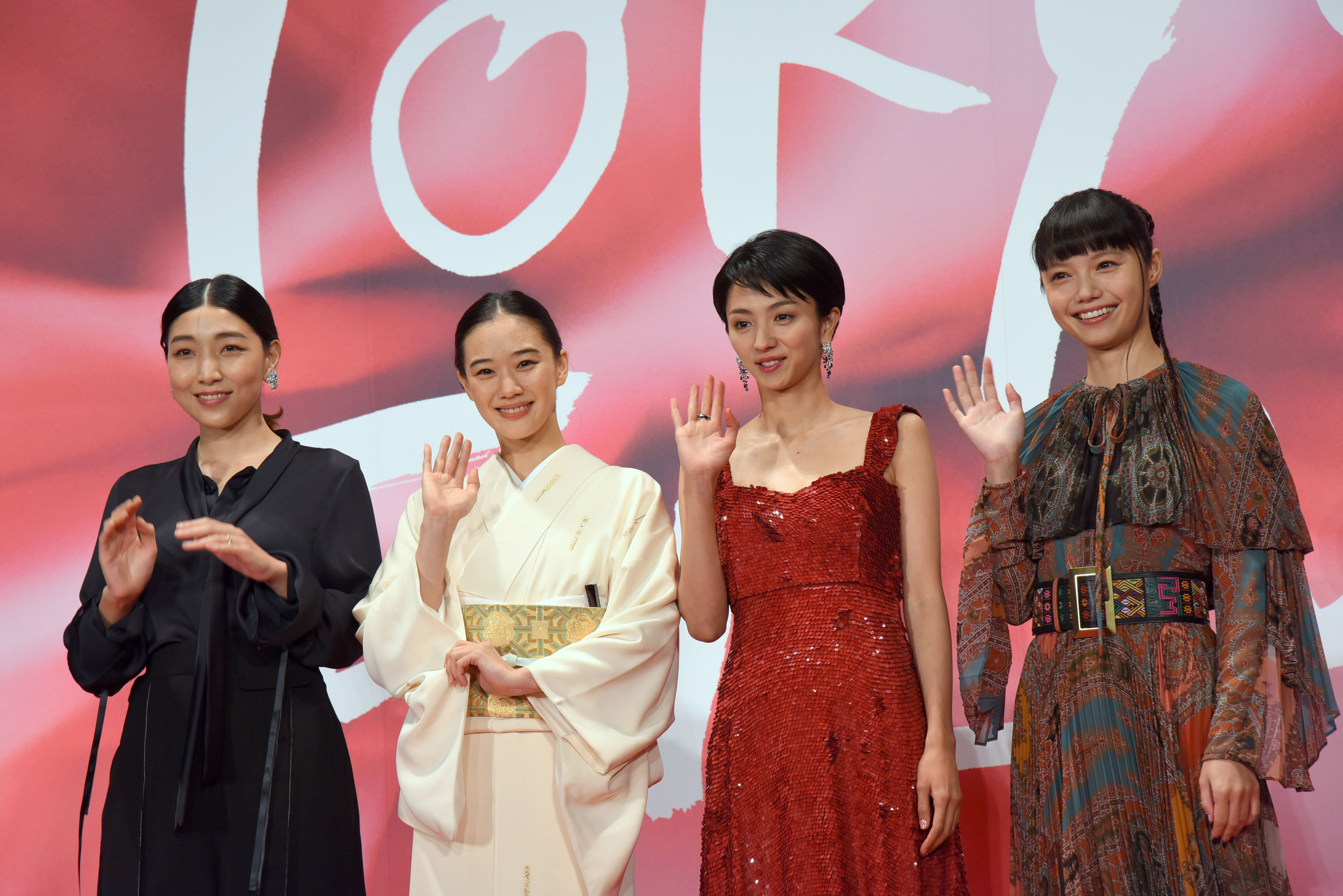 Actors (from left) Sakura Ando, Yu Aoi, Hikari Mitsushima and Aoi Miyazaki — dubbed four “muses” of this year’s Tokyo International Film Festival —  appear on the red carpet at its opening Wednesday in Tokyo’s Roppongi district. The festival runs through Nov. 3. | SATOKO KAWASAKI