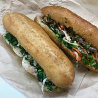 The real deal: Chili-mayo-shrimp and grilled beef banh mi sandwiches at Banh Mi Bakery. | ROBBIE SWINNERTON