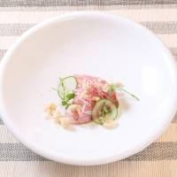 Wild yellowtail kinilaw (Philippine ceviche) with coconut milk and smoked pork granita by Margarita Fores. | SHINICHIRO FUJII (COURTESY FLORILEGE)