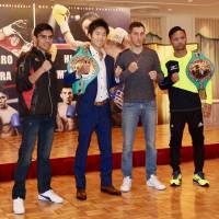 (From left): Pedro Guevara, WBC light flyweight champion Kenshiro Terachi, Thomas Masson and WBC flyweight champion Daigo Higa attend a world title signing ceremony in Tokyo on Thursday. | KAZ NAGATSUKA