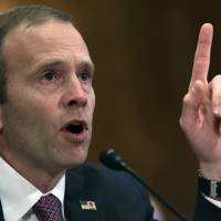 Federal Emergency Management Agency Administrator Brock Long testifies before the Senate Governmental Affairs Committee on Capitol Hill in Washington Tuesday during a hearing on the federal response to the 2017 hurricane season. Long said the challenge presented by hurricanes Irma, Harvey and Maria is unprecedented in the history of his agency. | AP