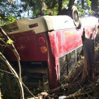 A minibus rests upside down in a wooded area in Izumisano, Osaka Prefecture, on Monday after it tumbled off a narrow road. The accident left all 18 people aboard with minor injuries. | KYODO
