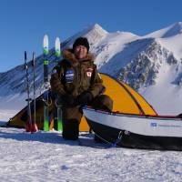 Yasunaga Ogita poses at the Union Glacier Camp on Thursday, a day before starting a solo trek to the South Pole. | YASUNAGA OGITA