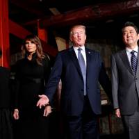 U.S. President Donald Trump and Japan\'s Prime Minister Shinzo Abe meet with their wives Melania and Akie for a dinner at a teppanyaki restaurant in Tokyo on Sunday evening during Trump\'s first presidential visit. | REUTERS