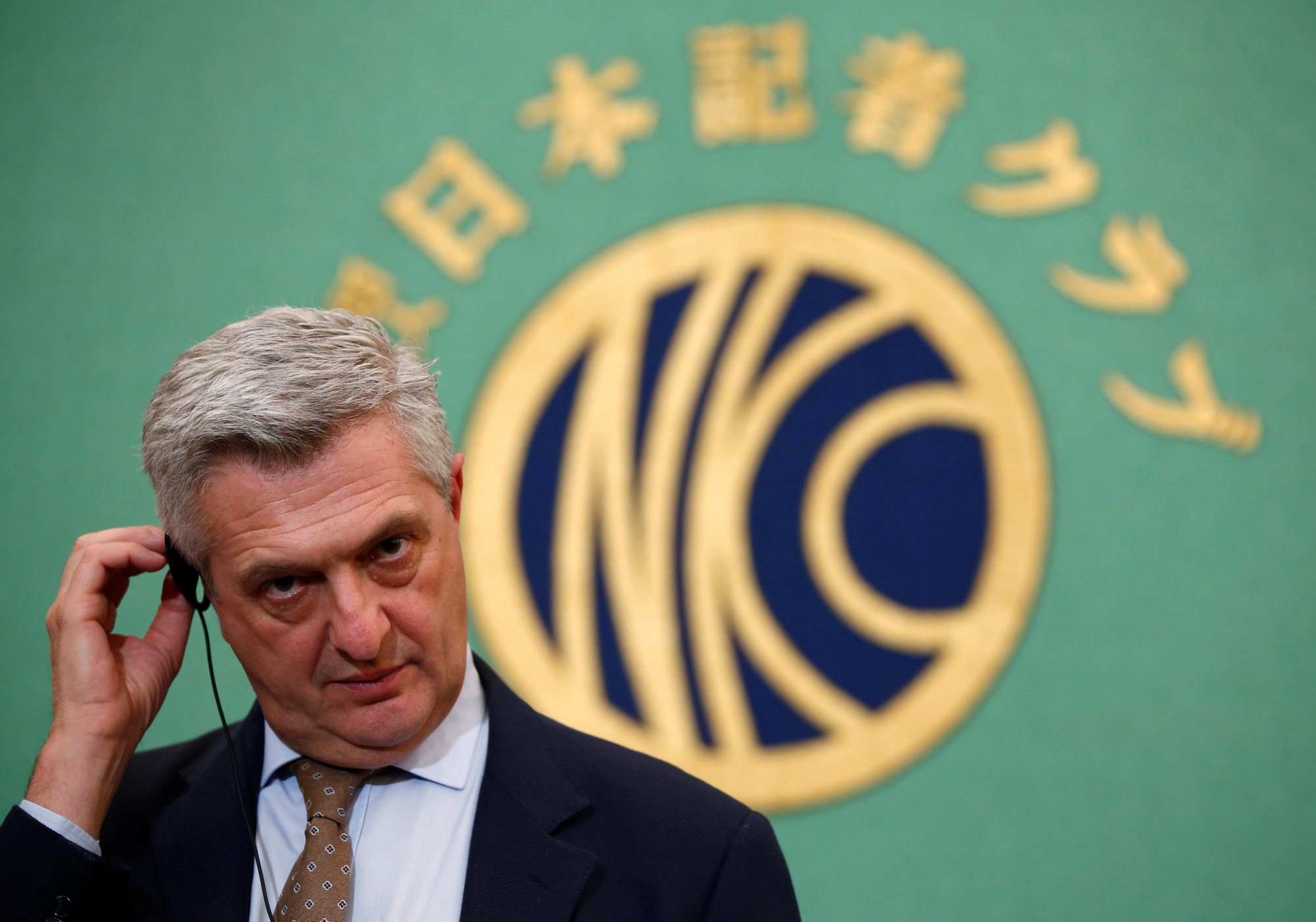 U.N. High Commissioner for Refugees Filippo Grandi attends a news conference at the Japan National Press Club in Tokyo on Monday. | REUTERS